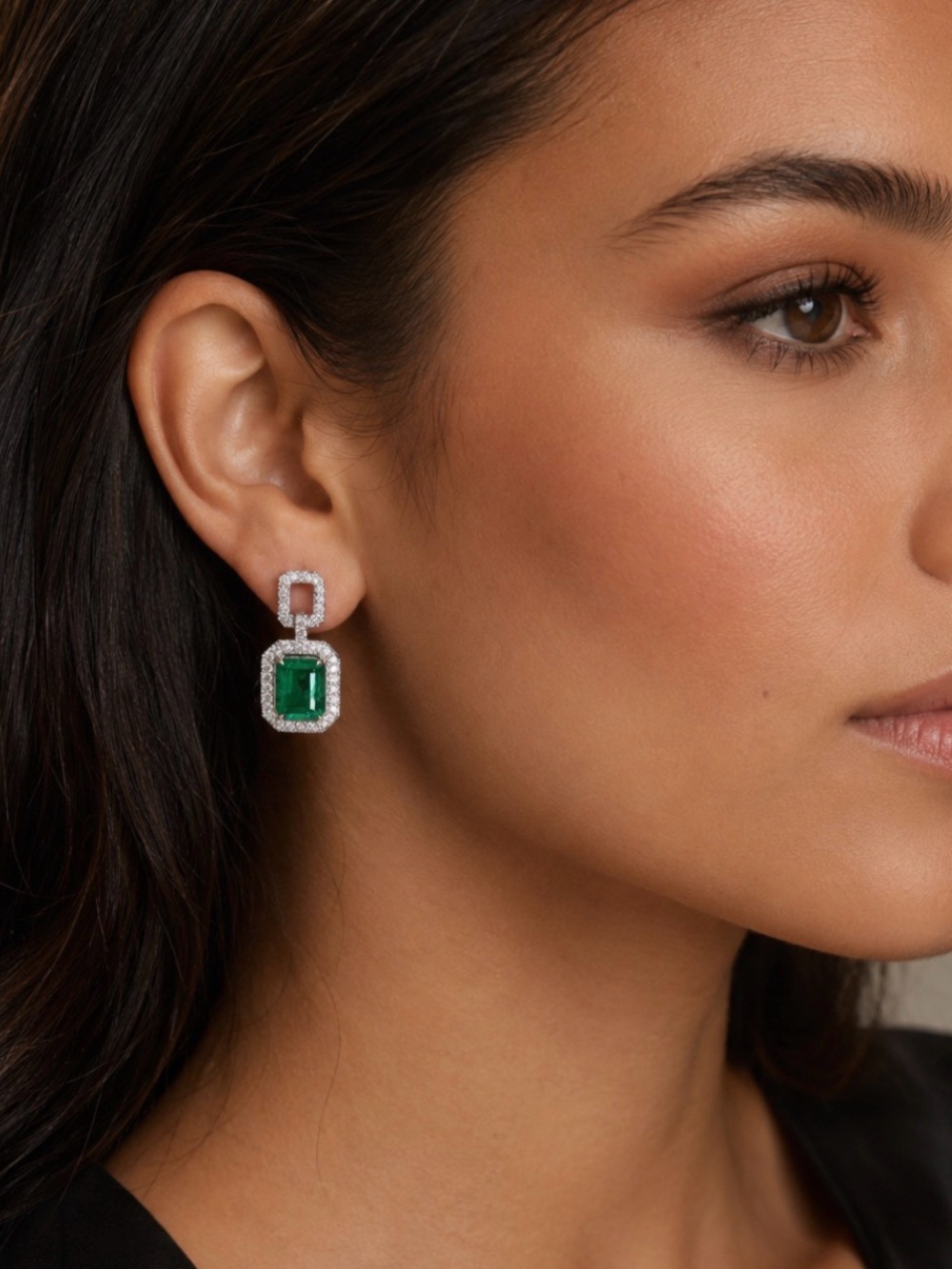 Elegant Green Crystal Drop Earrings Silver Tone